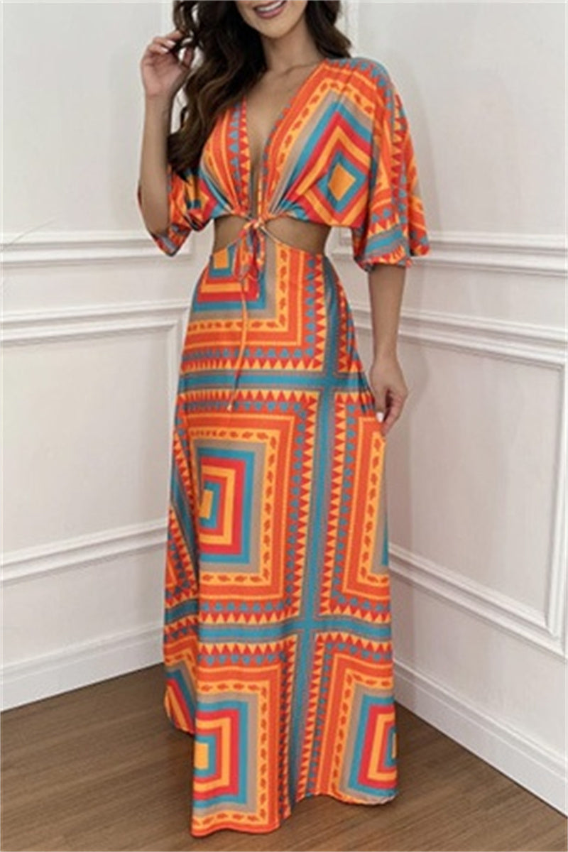 Casual Print Belted V Neck Long Dresses