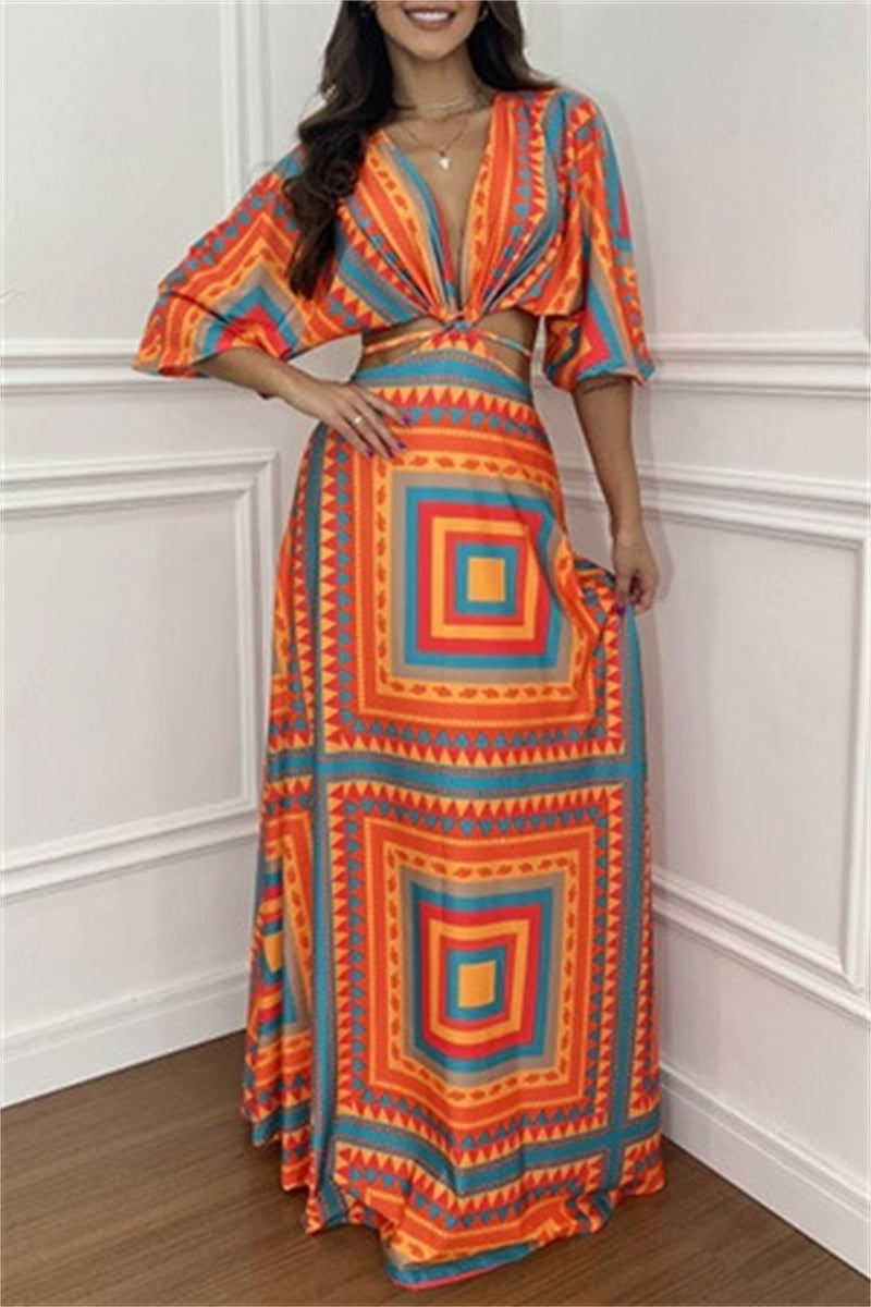 Casual Print Belted V Neck Long Dresses