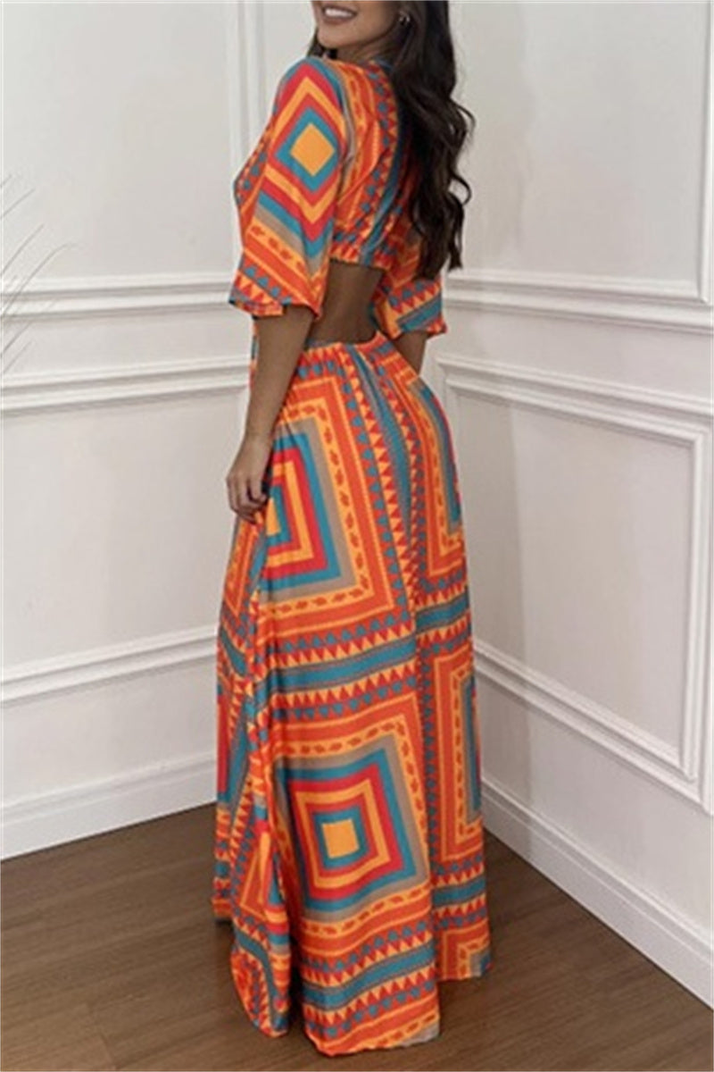 Casual Print Belted V Neck Long Dresses