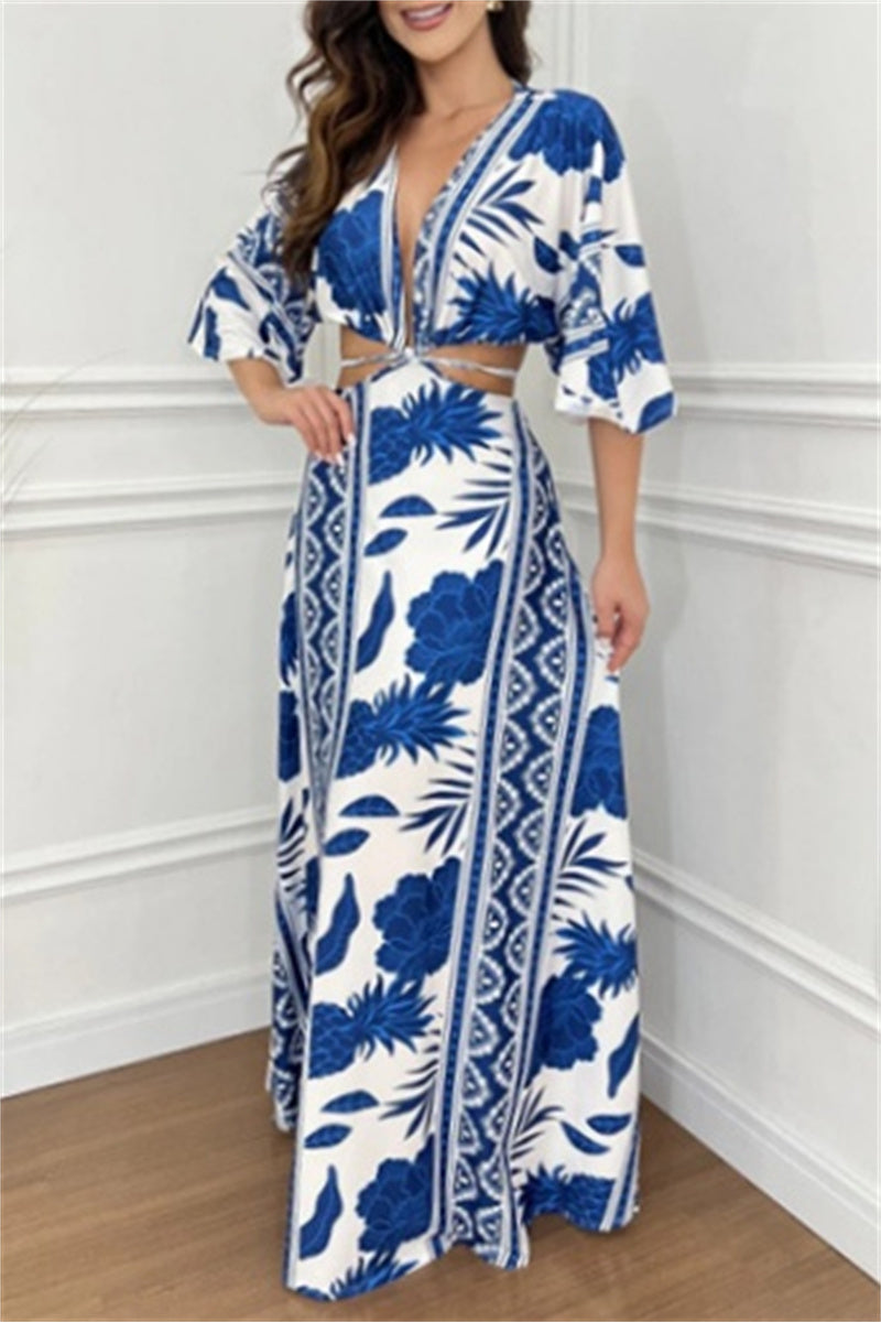 Casual Print Belted V Neck Long Dresses