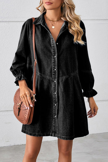 Casual Street Solid Color Distressed Turndown Collar Long Sleeve Loose Denim Dresses