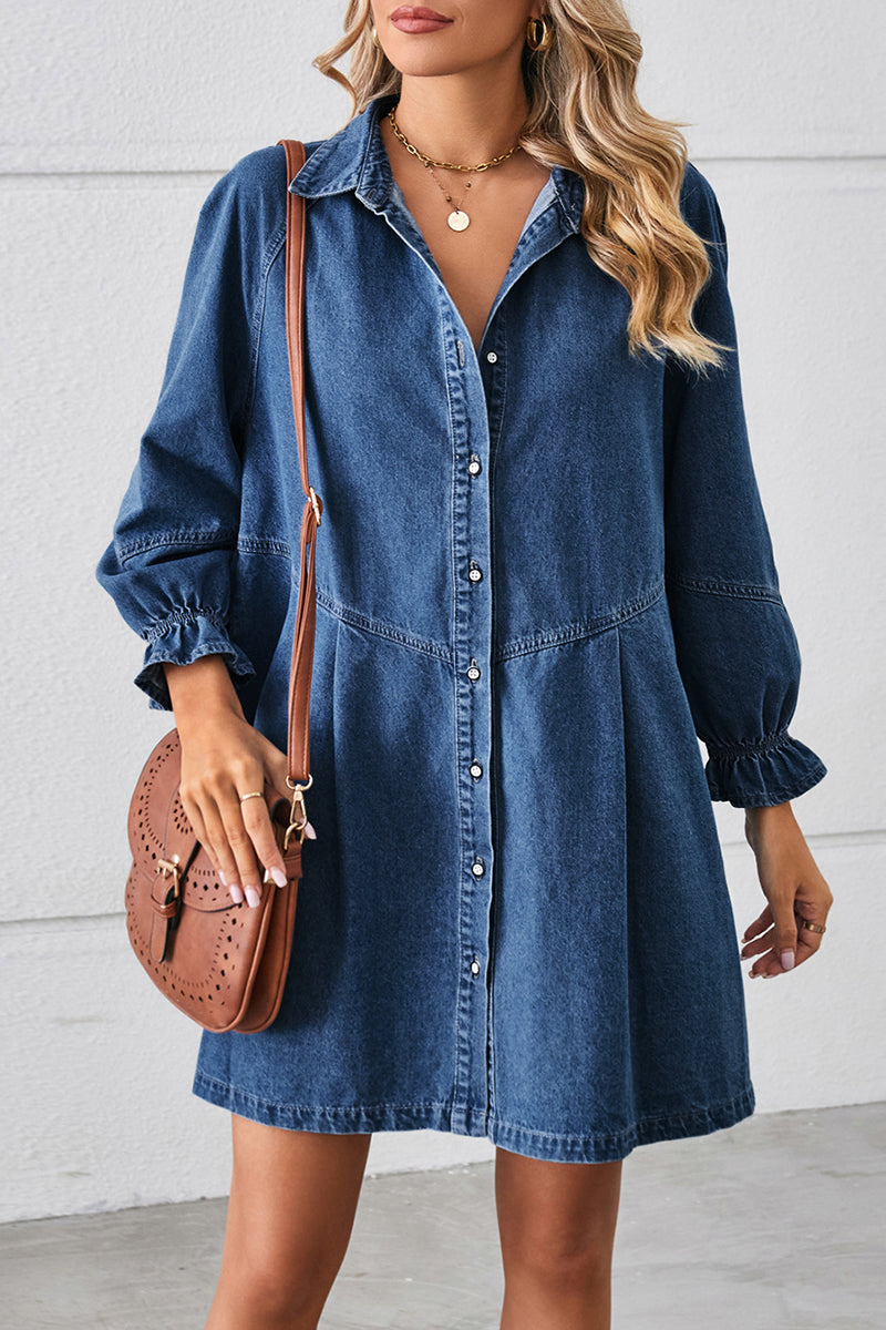 Casual Street Solid Color Distressed Turndown Collar Long Sleeve Loose Denim Dresses