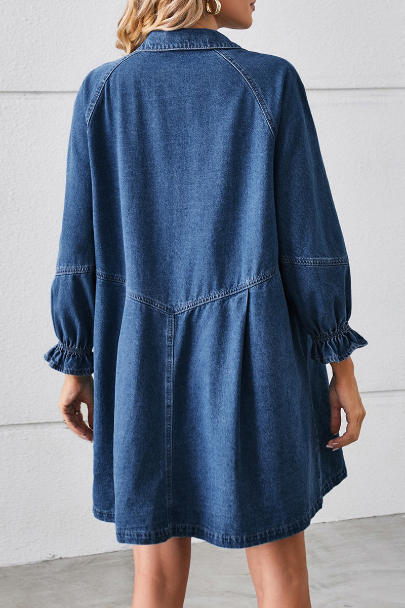 Casual Street Solid Color Distressed Turndown Collar Long Sleeve Loose Denim Dresses