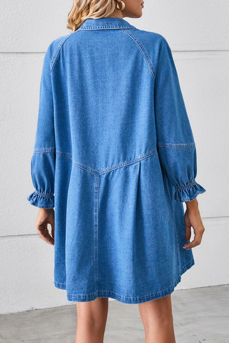 Casual Street Solid Color Distressed Turndown Collar Long Sleeve Loose Denim Dresses