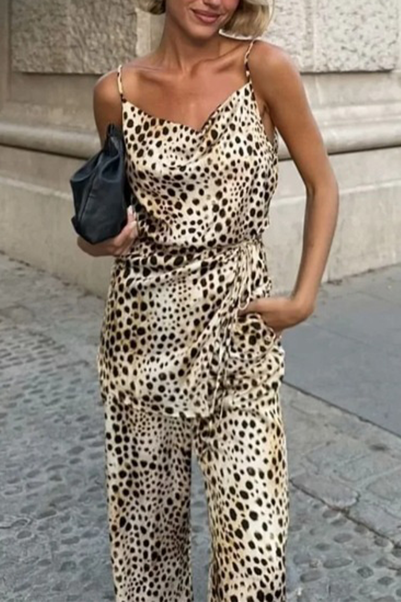 Sexy Street Leopard Print Lace Up V Neck Sleeveless Two Pieces