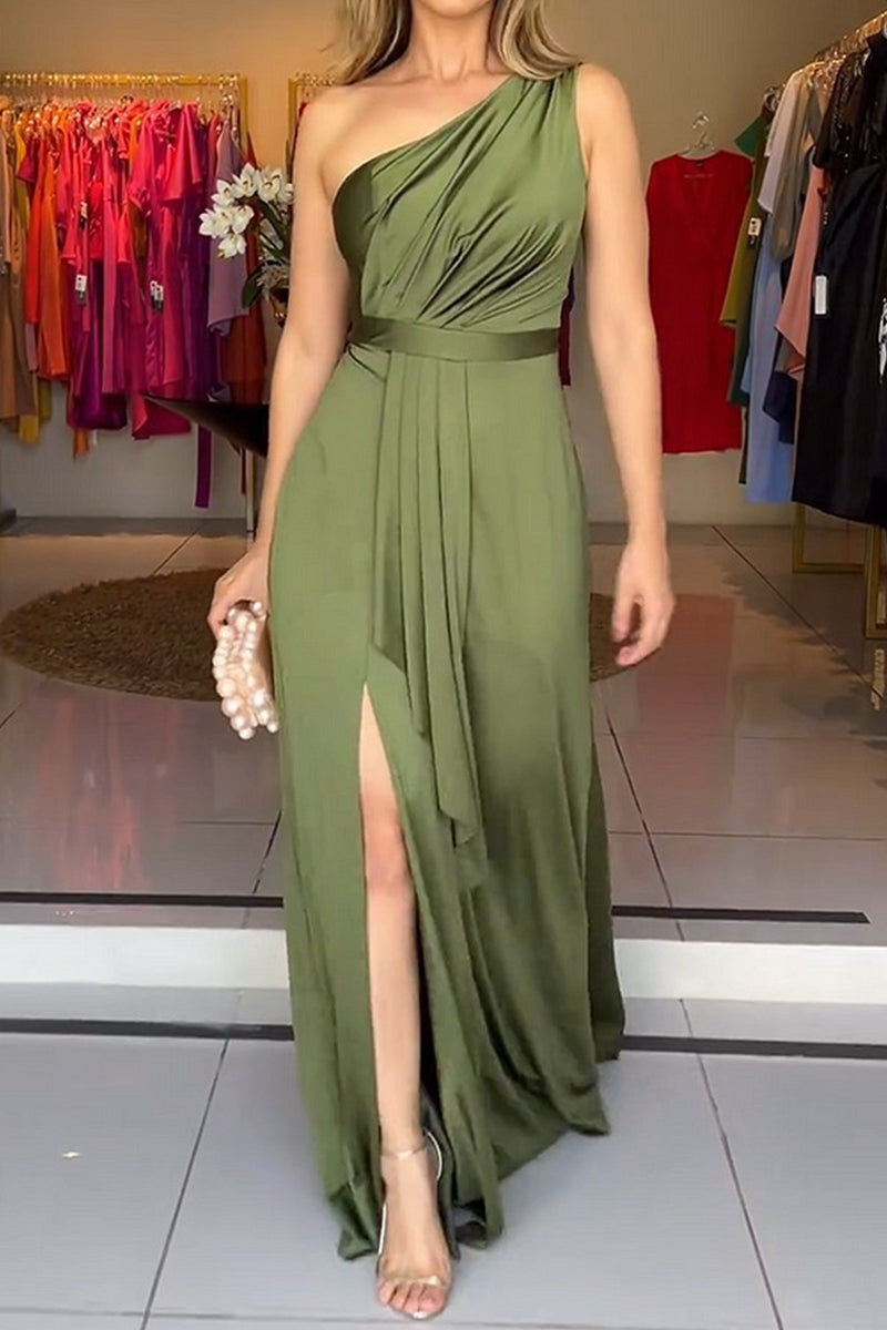 Sexy Solid Color Slit Ruched Sloping Shoulder Evening Dresses