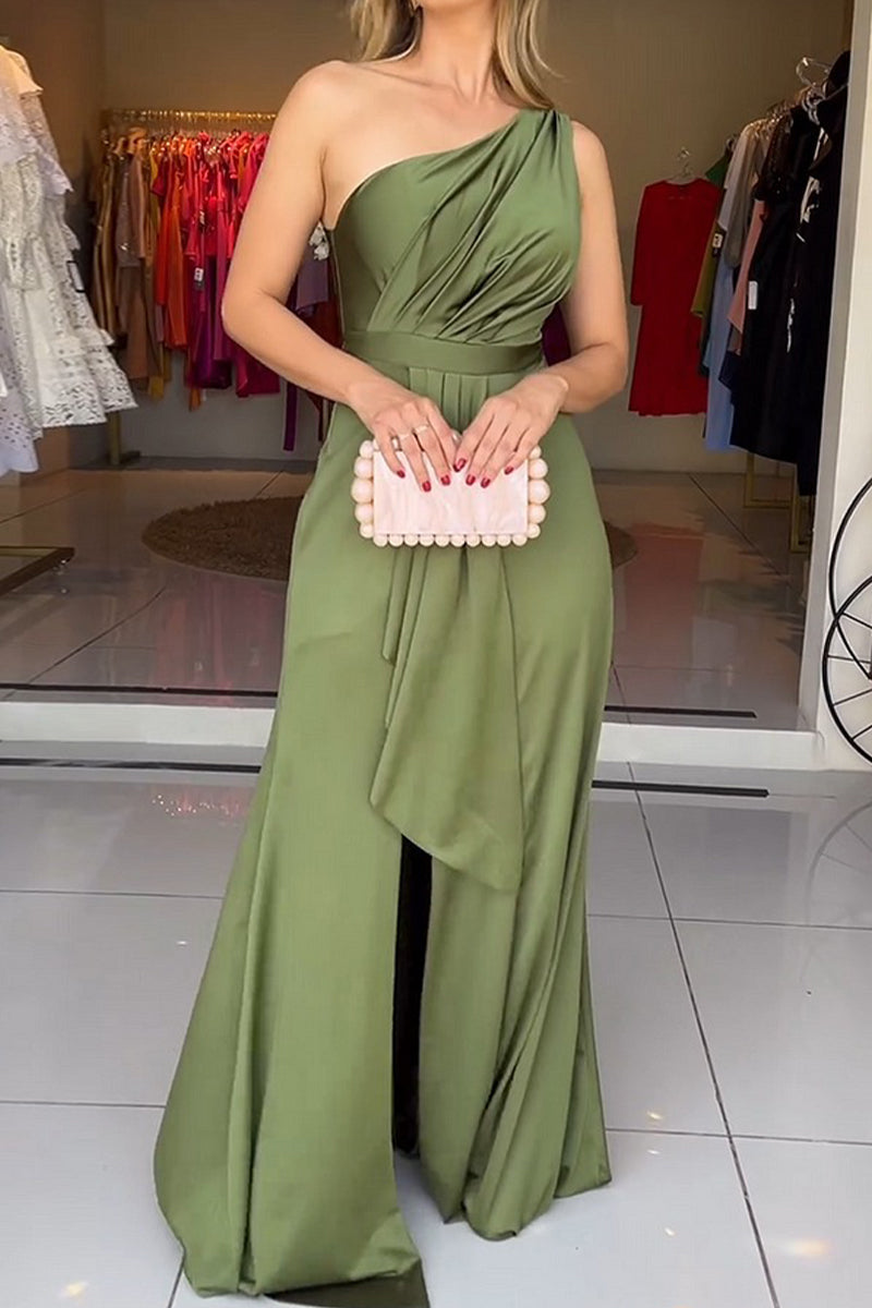 Sexy Solid Color Slit Ruched Sloping Shoulder Evening Dresses