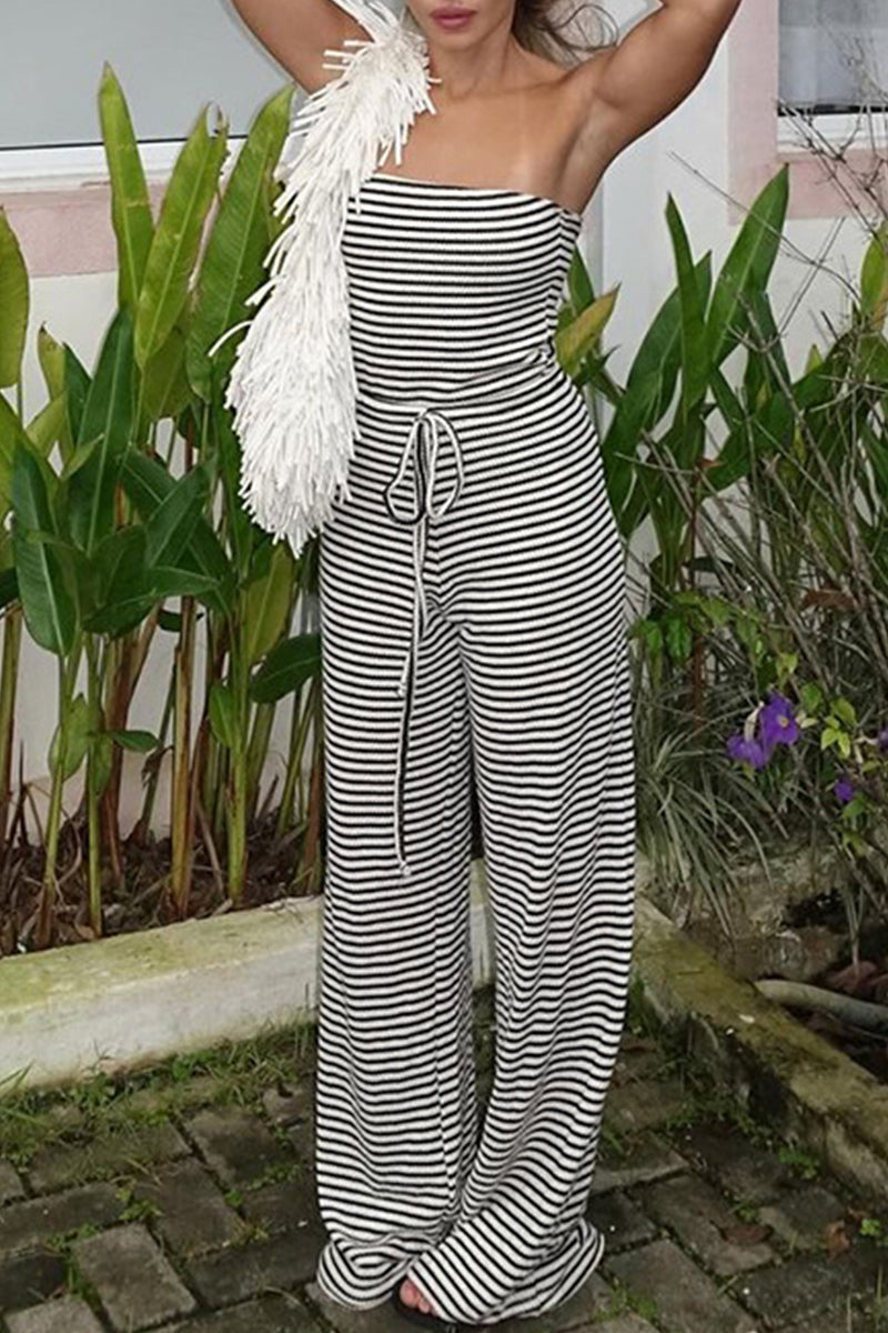 Casual Stripe Patchwork Backless Strap Design Strapless Loose Jumpsuits