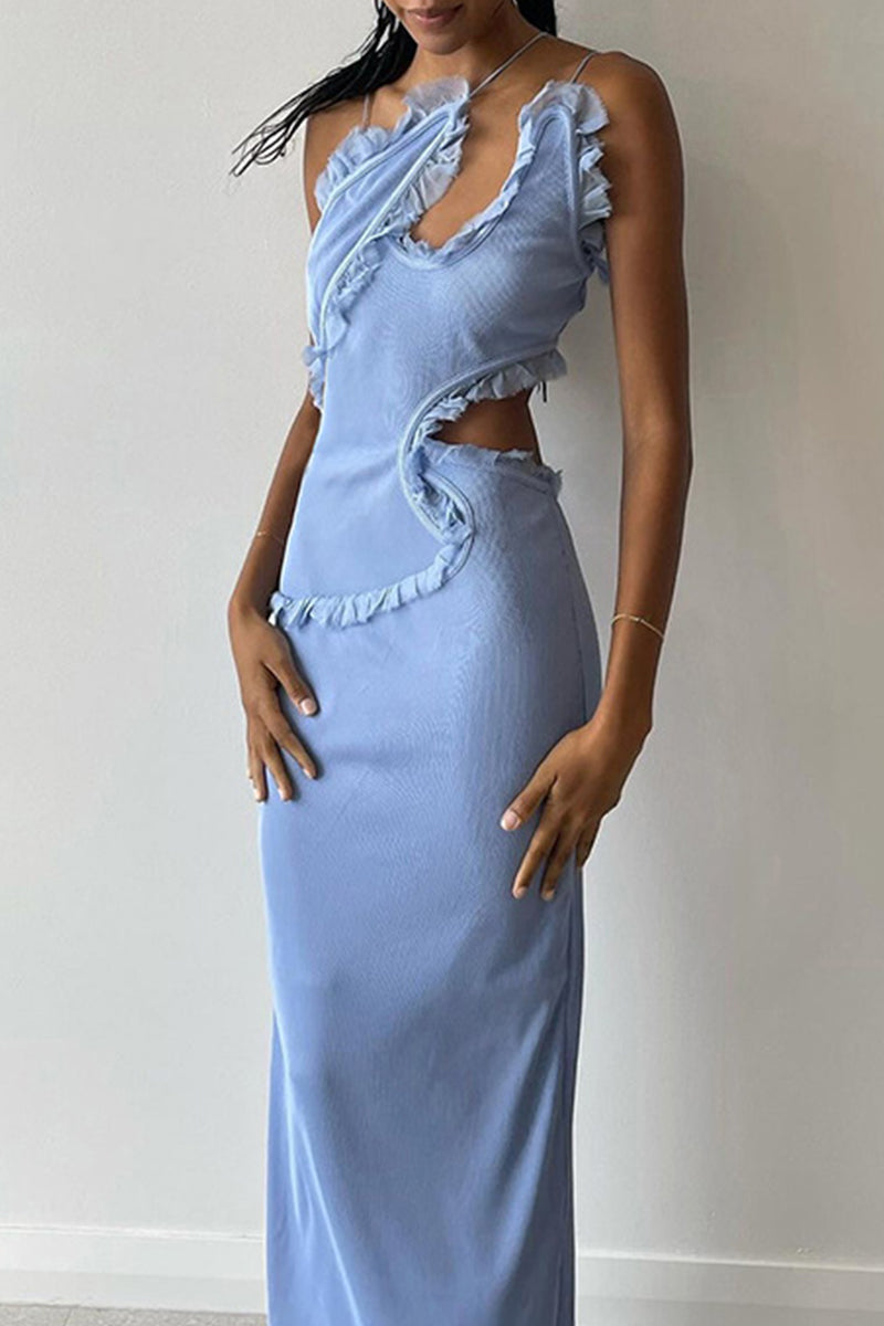 Elegant Solid Color Hollow Out Patchwork Backless Spaghetti Strap Sling Dresses