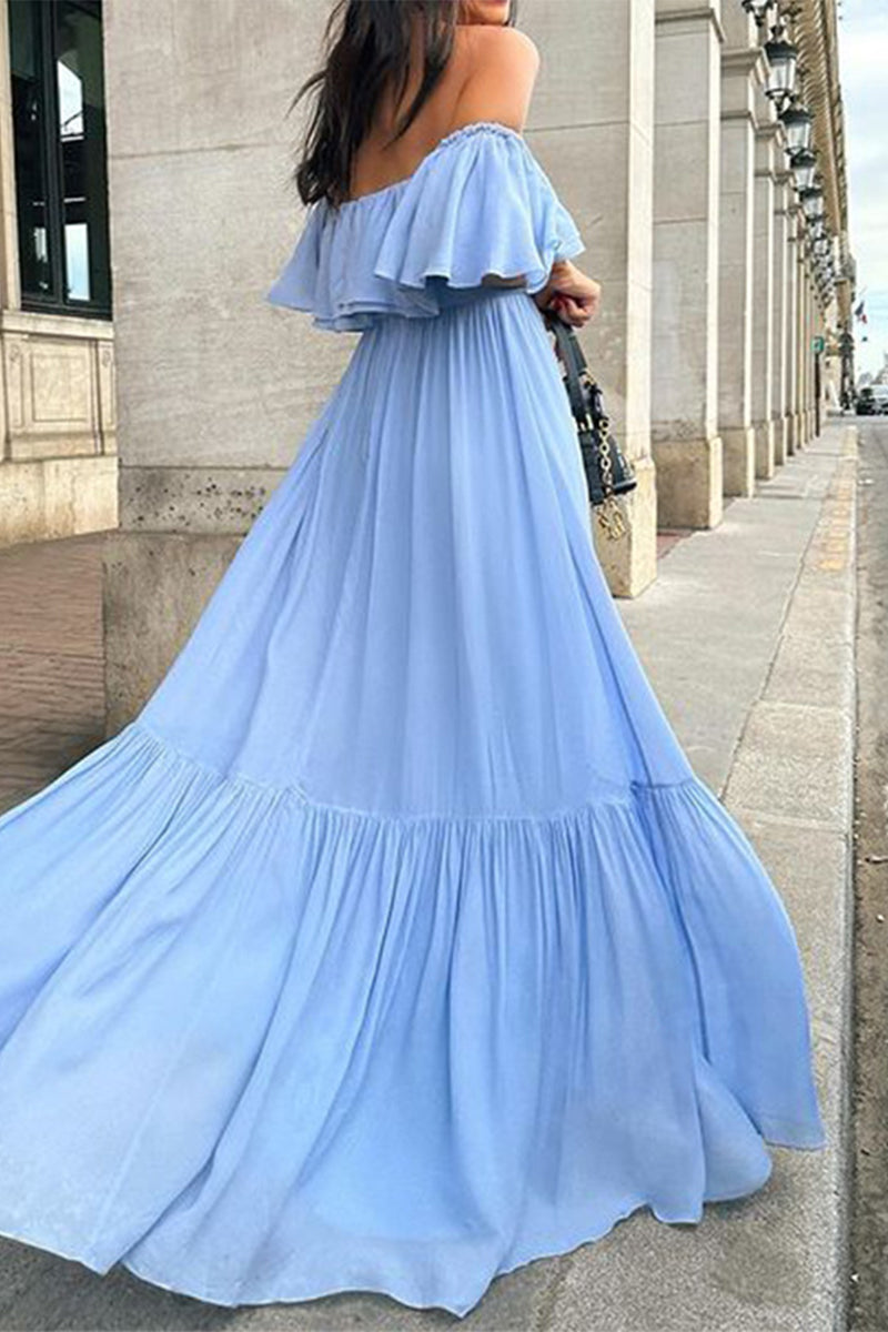 Sexy Solid Color Ruffle Ruched Off Shoulder Long Dresses