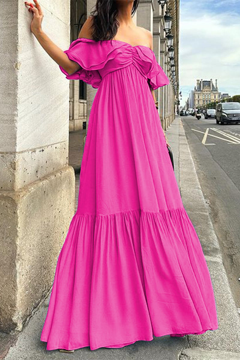 Sexy Solid Color Ruffle Ruched Off Shoulder Long Dresses