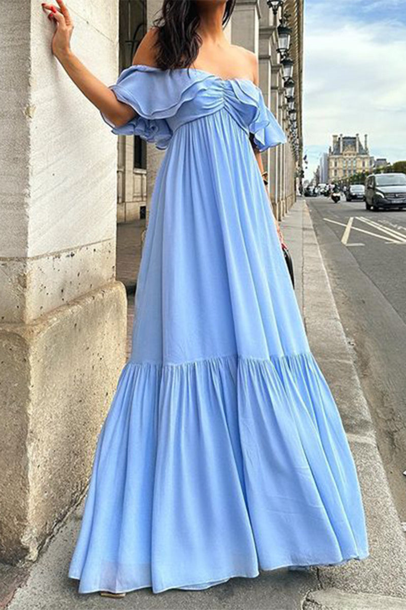 Sexy Solid Color Ruffle Ruched Off Shoulder Long Dresses