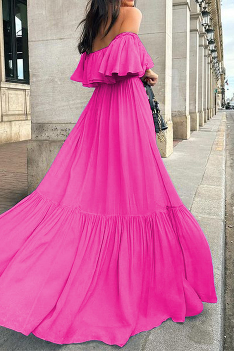 Sexy Solid Color Ruffle Ruched Off Shoulder Long Dresses