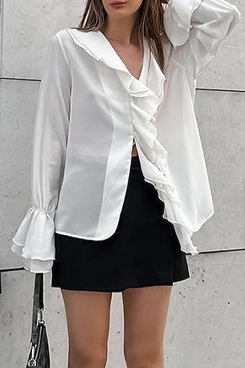 Elegant Solid Color Ruffle V Neck Tops