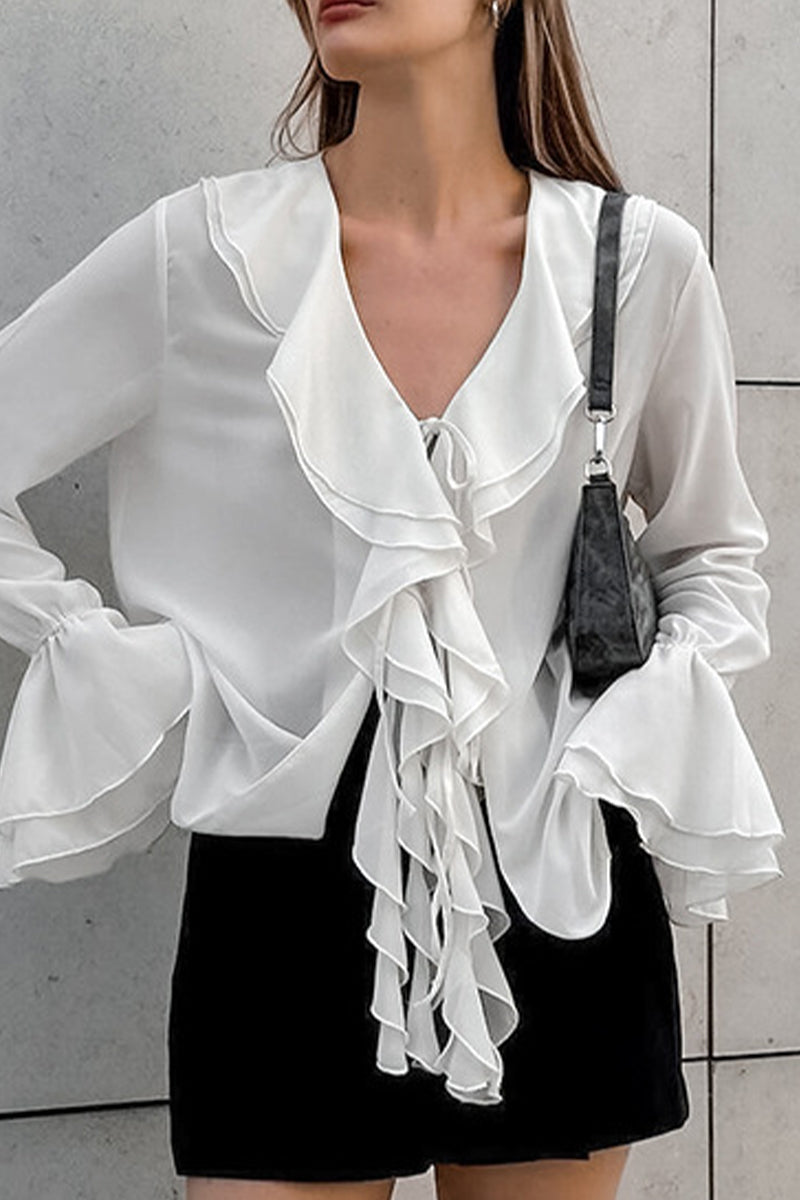 Elegant Solid Color Ruffle V Neck Tops