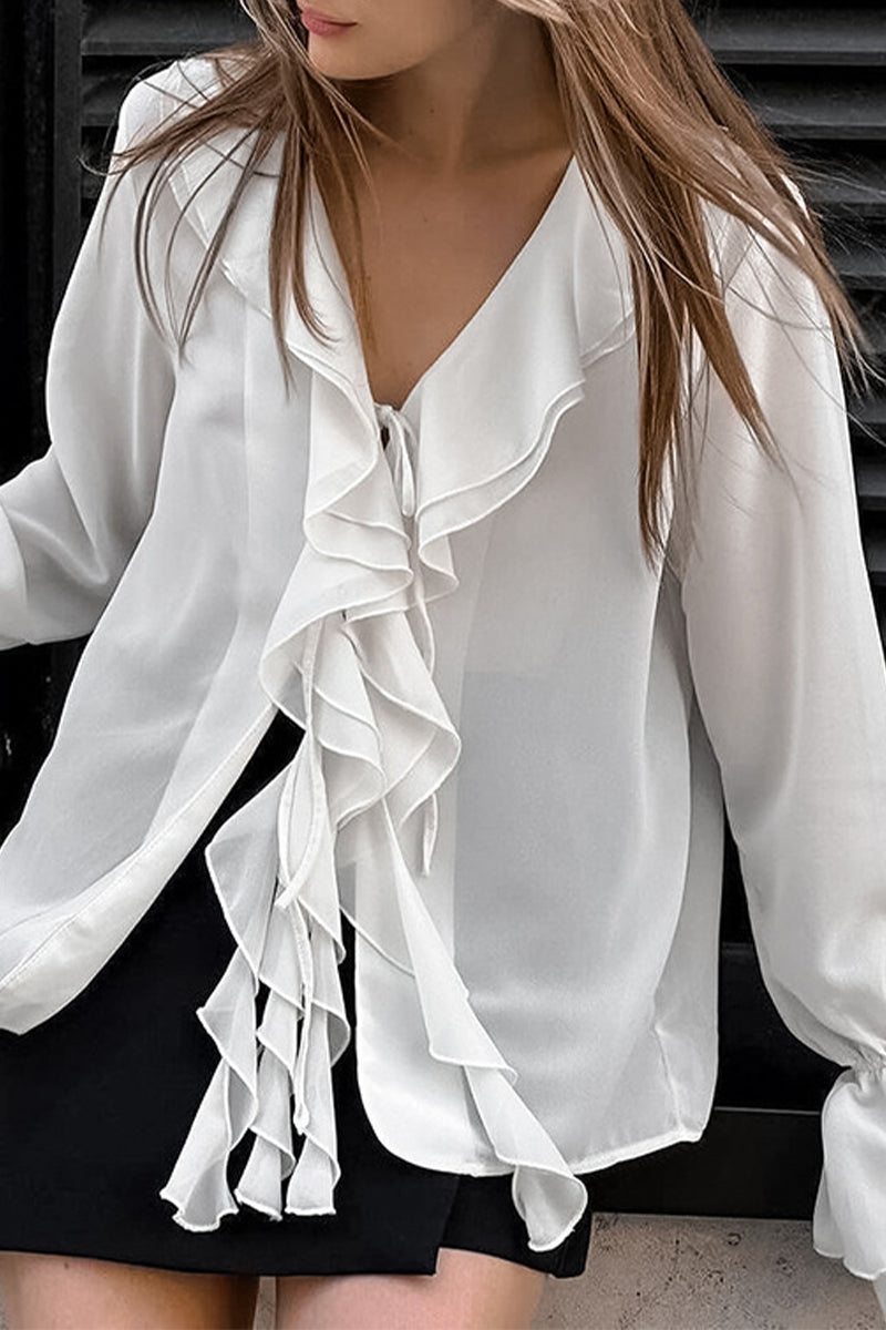 Elegant Solid Color Ruffle V Neck Tops