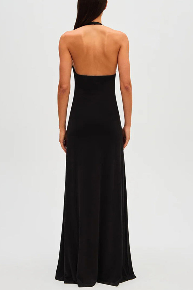 Sexy Solid Color Backless Ruched Halter Sleeveless Dresses