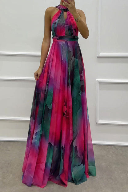 Sexy Prom Gradient Color Lace Up Contrast Halter Evening Dresses