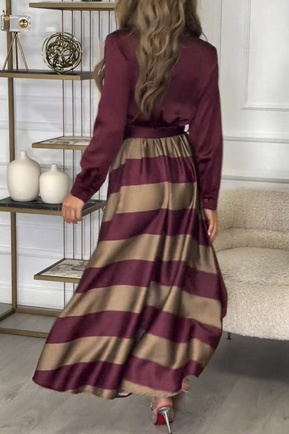 Elegant Stripe Lace Up Contrast Turndown Collar Shirt Dresses