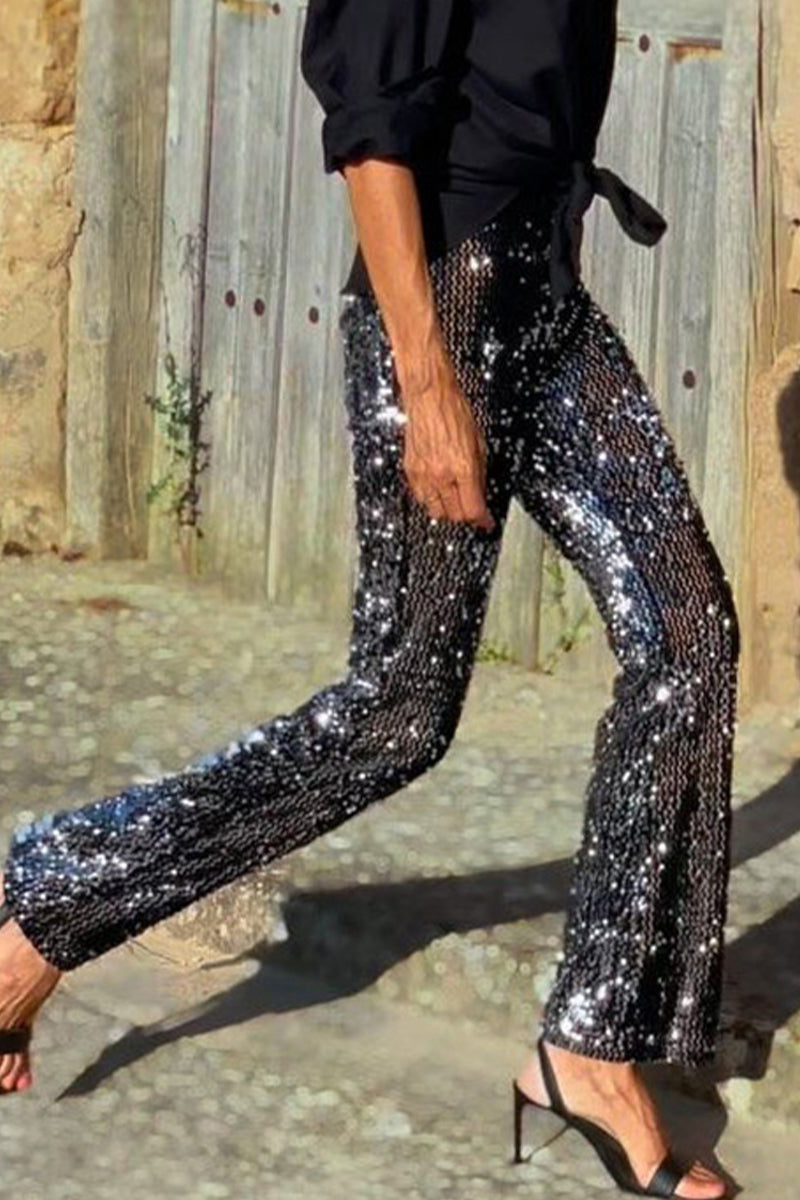 Casual Street Solid Color Sequins Loose High Waist Straight Patchwork Bottoms