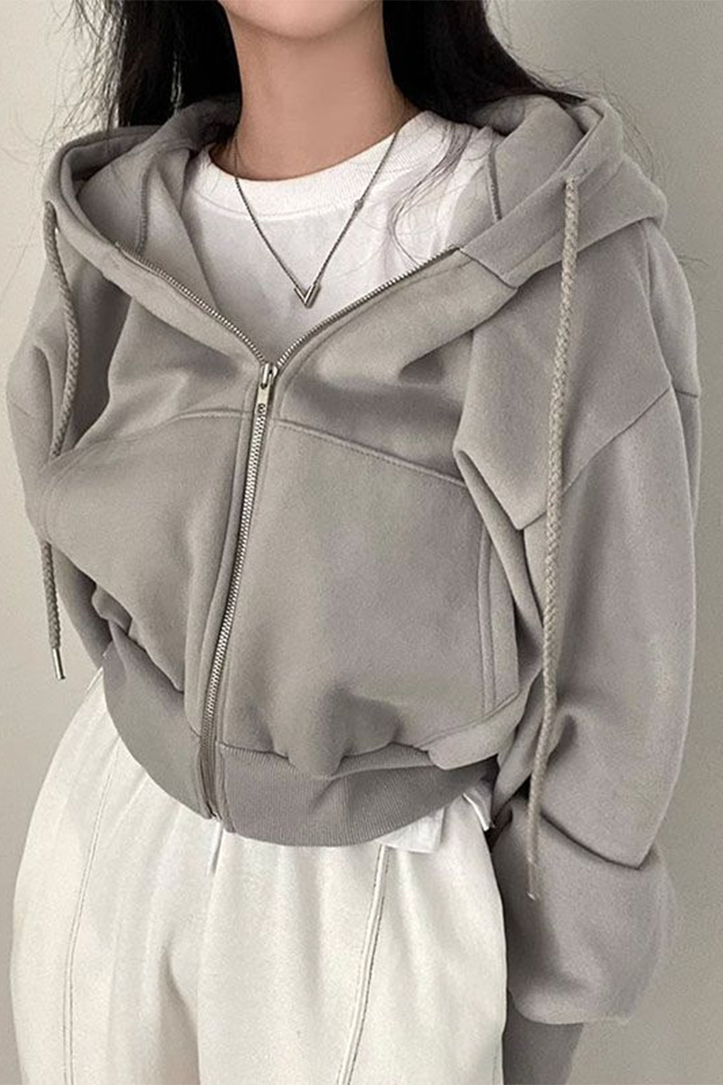 Casual Solid Color Draw String Pocket Hooded Tops