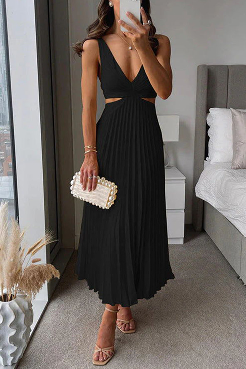 Summer Social Stain Pleated Cutout Waist Loose Midi