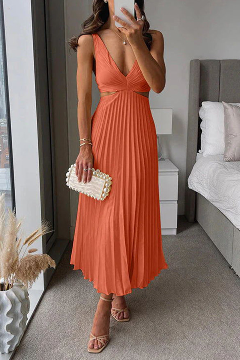 Summer Social Stain Pleated Cutout Waist Loose Midi