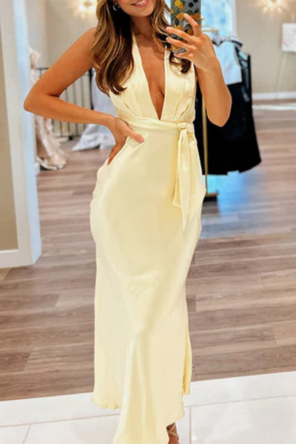 Sexy Solid Color Backless Halter One Step Skirt Dresses