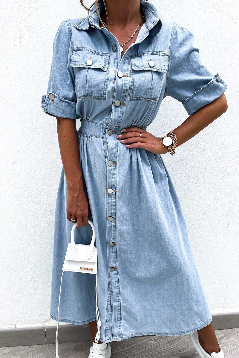 Casual Street Buttons Patchwork Turndown Collar Short Sleeve Loose Denim Dresses