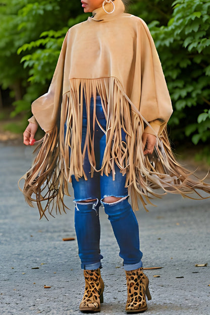 Casual Solid Color Fringed Trim Turtleneck Tops