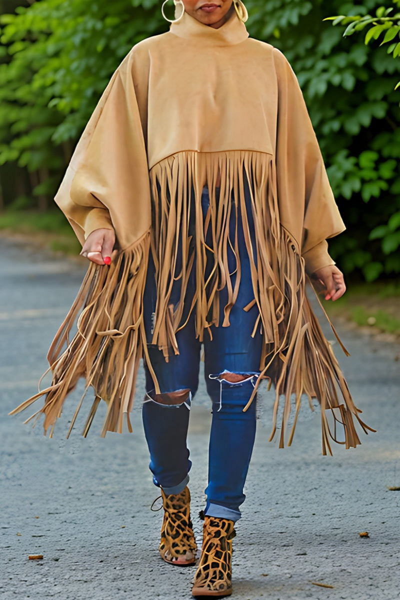 Casual Solid Color Fringed Trim Turtleneck Tops