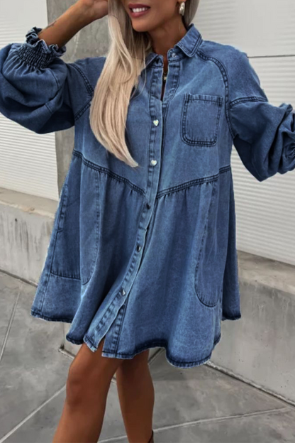 Casual Street Pocket Buttons Turndown Collar Long Sleeve Loose Denim Dresses