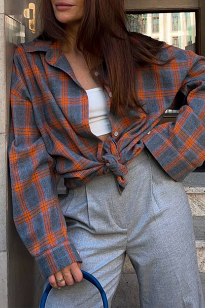 Casual Street Plaid Pocket Buttons Contrast Turndown Collar Blouses(3 Colors)