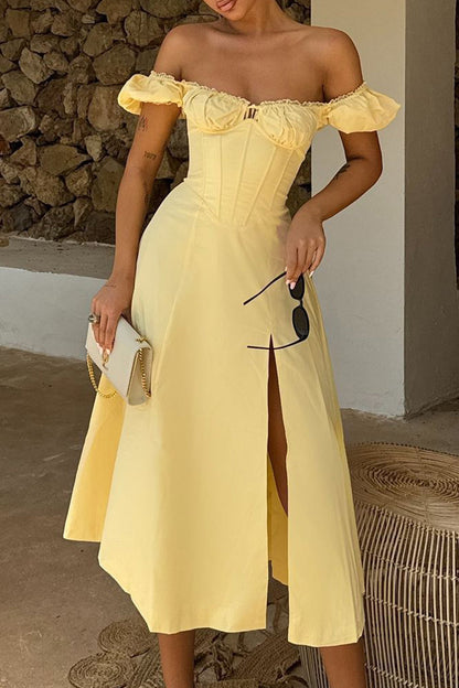 Elegant Solid Color Patchwork Backless High Slit Off Shoulder Long Dresses