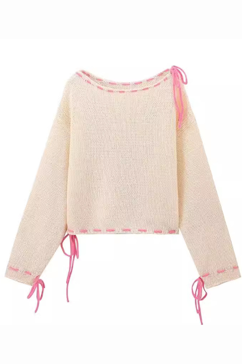 Casual Draw String Weave O Neck Sweaters