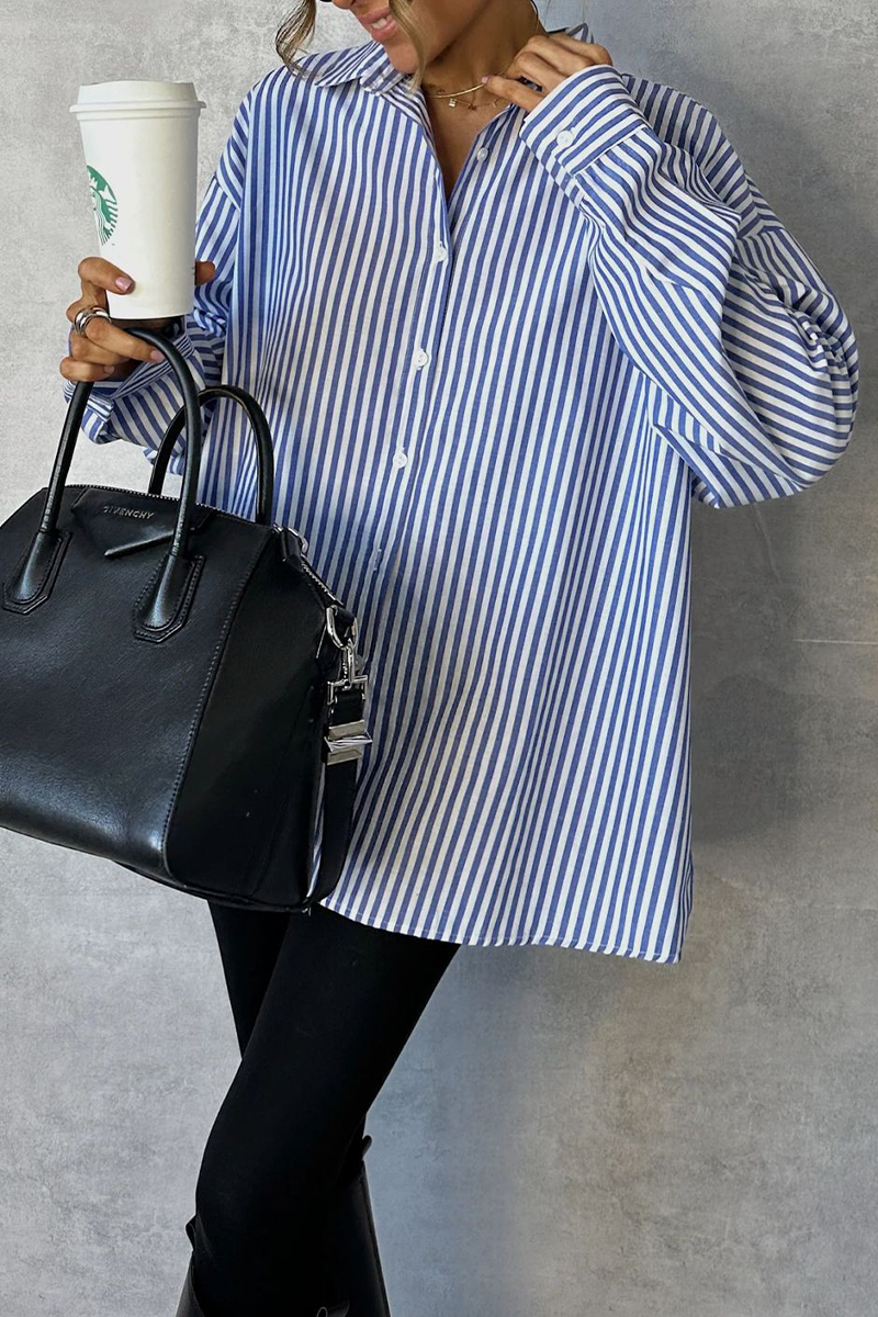 Casual Stripe Buttons Turndown Collar Tops