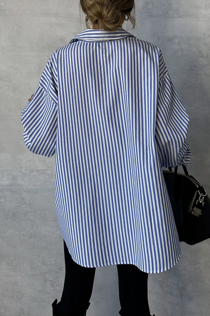 Casual Stripe Buttons Turndown Collar Tops