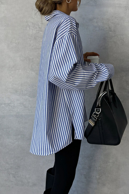 Casual Stripe Buttons Turndown Collar Tops