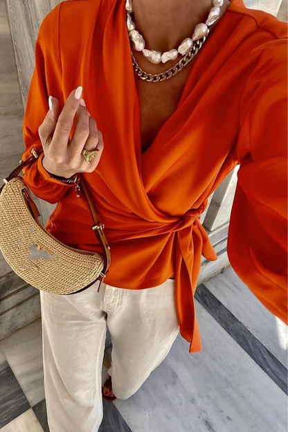 Elegant Solid Color Lace Up V Neck Tops