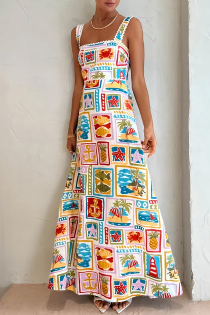 Casual Print Backless Square Neck Long Dresses