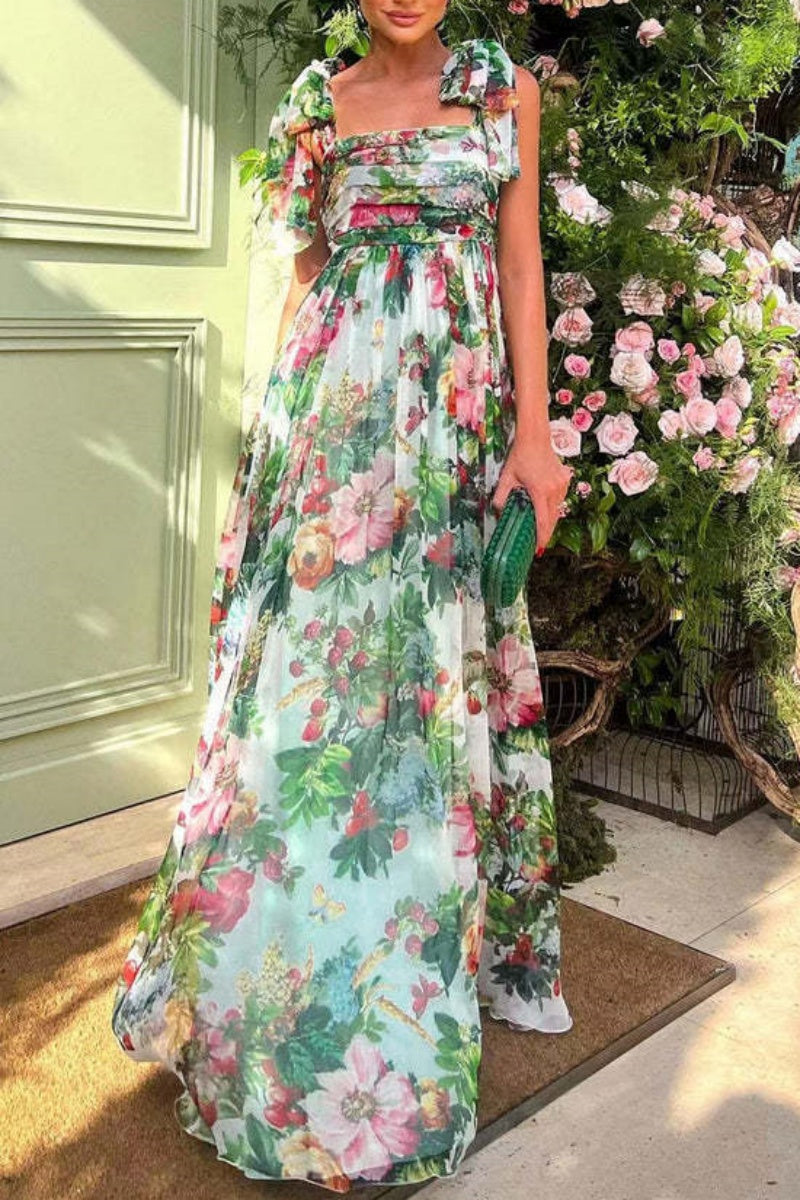 Casual Floral Print Backless Belted Square Neck Long Dresses