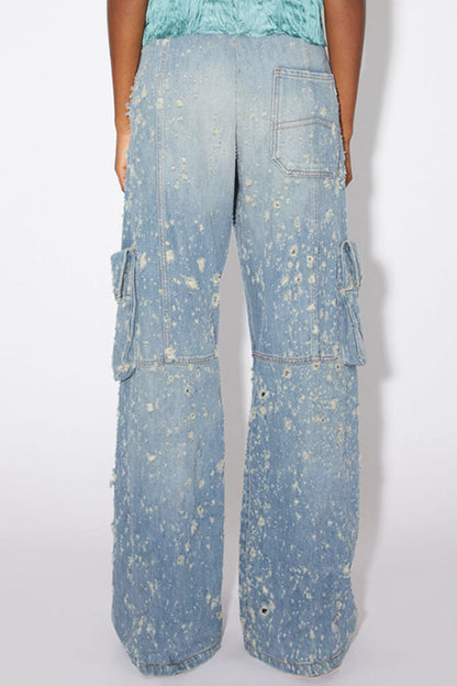 Casual Patchwork Ripped Pocket Zipper Straight Denim Jeans