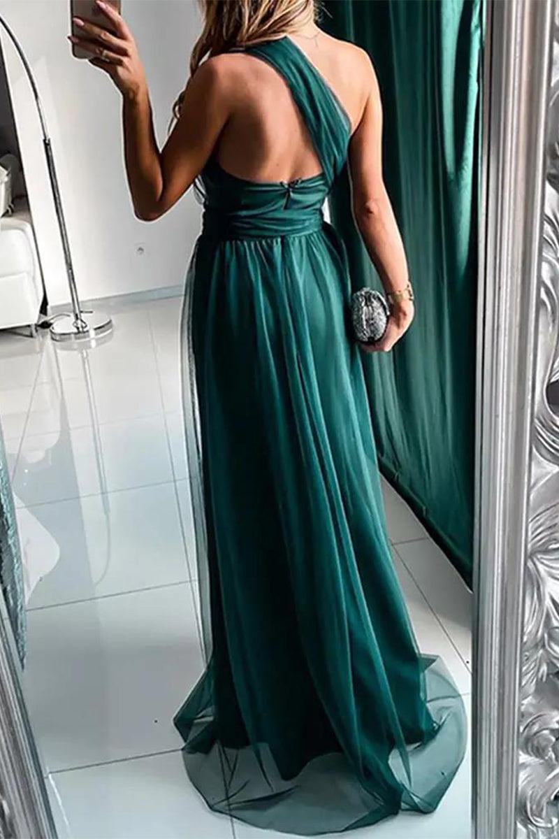 Sexy Prom Slit Mesh Sloping Shoulder Evening Dresses