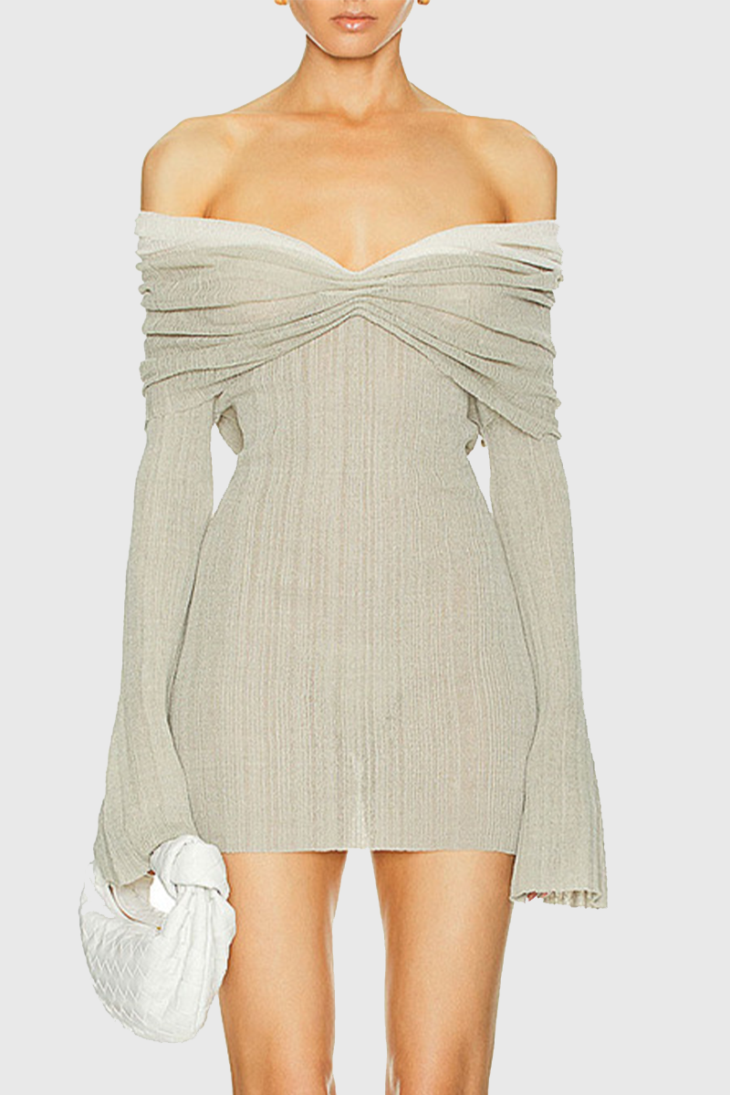 Sexy Solid Color See-Through Ruched Off Shoulder Wrapped Skirt Dresses