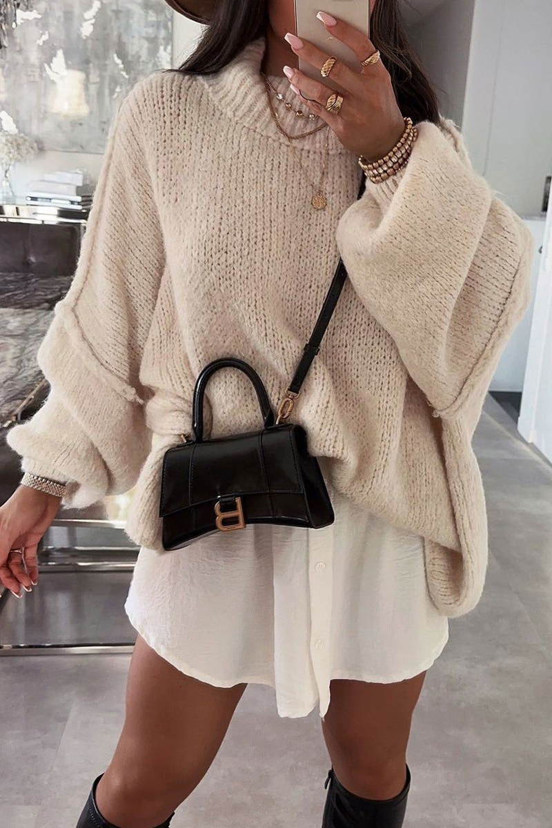 Casual Daily Solid Color Patchwork Weave Half A Turtleneck Tops