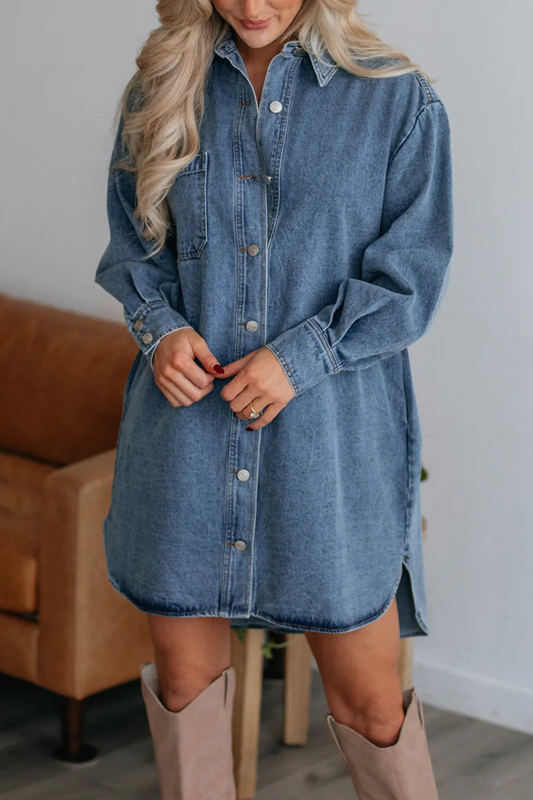 Casual Street Solid Color Distressed Pocket Buttons Turndown Collar Long Sleeve Loose Denim Dresses(No Belt)