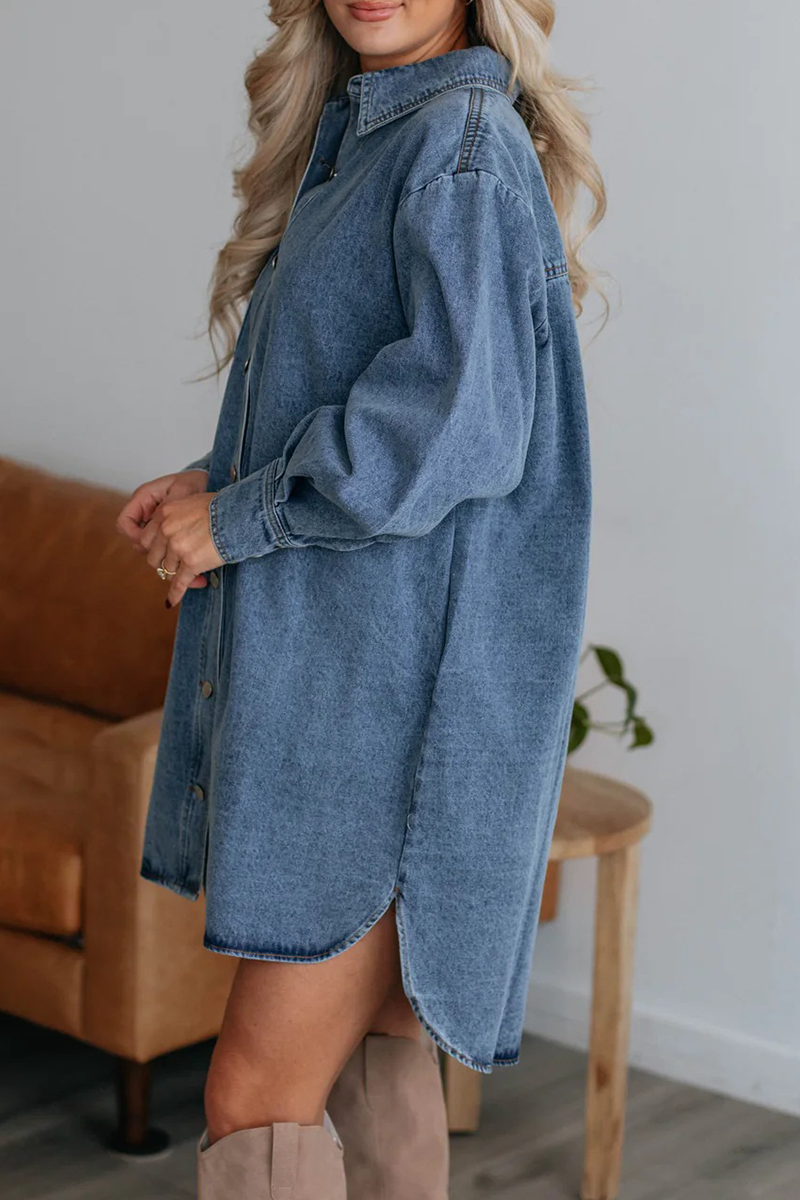 Casual Street Solid Color Distressed Pocket Buttons Turndown Collar Long Sleeve Loose Denim Dresses(No Belt)