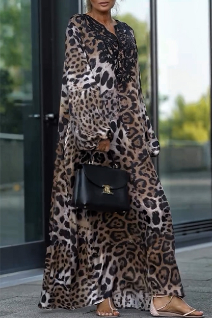 Casual Street Leopard Patchwork V Neck Long Dresses