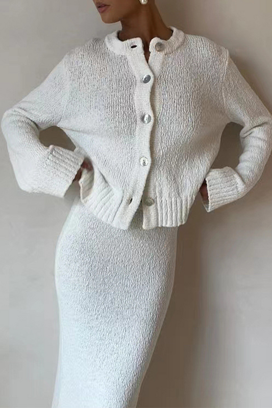 Elegant Buttons Weave O Neck Long Sleeve Two Pieces