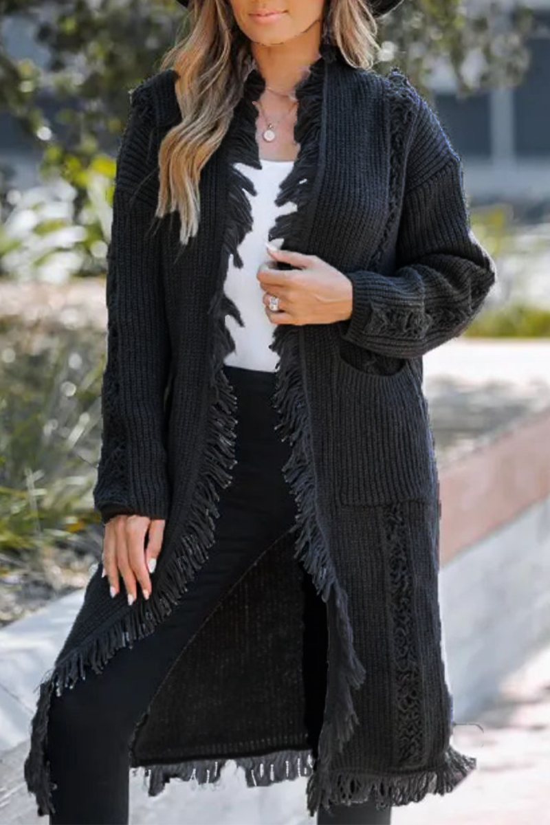 Casual Solid Color Fringed Trim Weave Cardigan Collar Outerwear